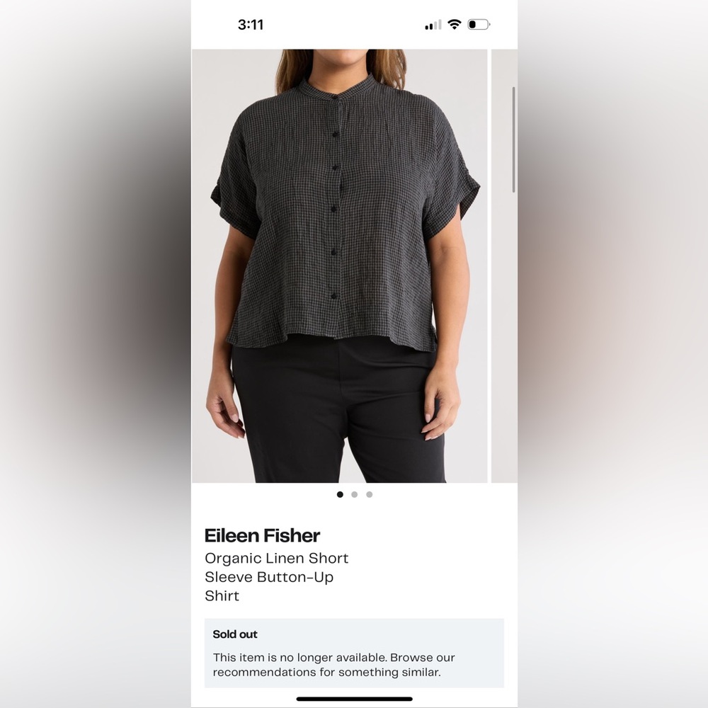 Eileen Fisher Organic Linen Short Sleeve Button-Up Shirt black gray check XL